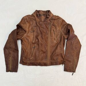 RARE Vintage Y2K Womens Medium Brown Faux Leather Jacket ZIP Deadstock Indie Roc